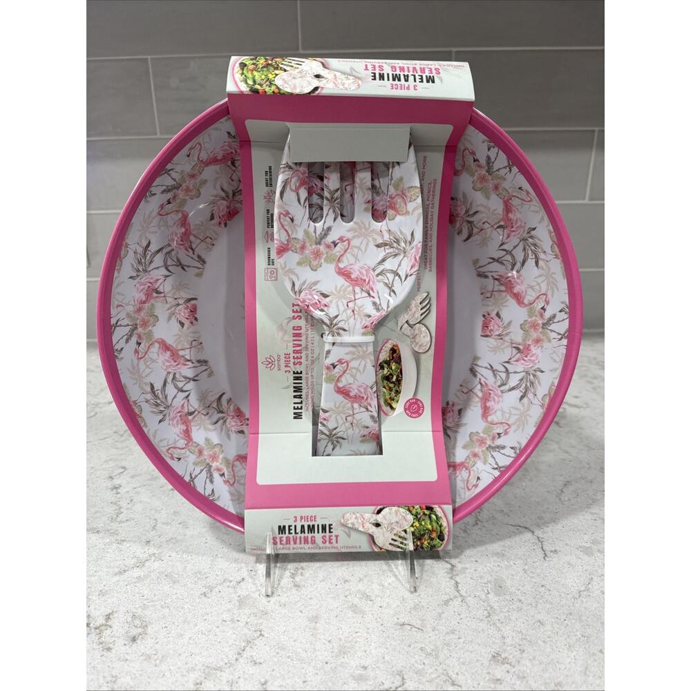 3 pc FLAMINGO PALMS Melamine Salad Bowl + Serving Utensils Set Palm Tree NEW